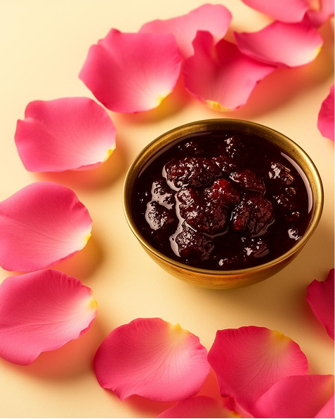 Gulkand in bowl with rose petals